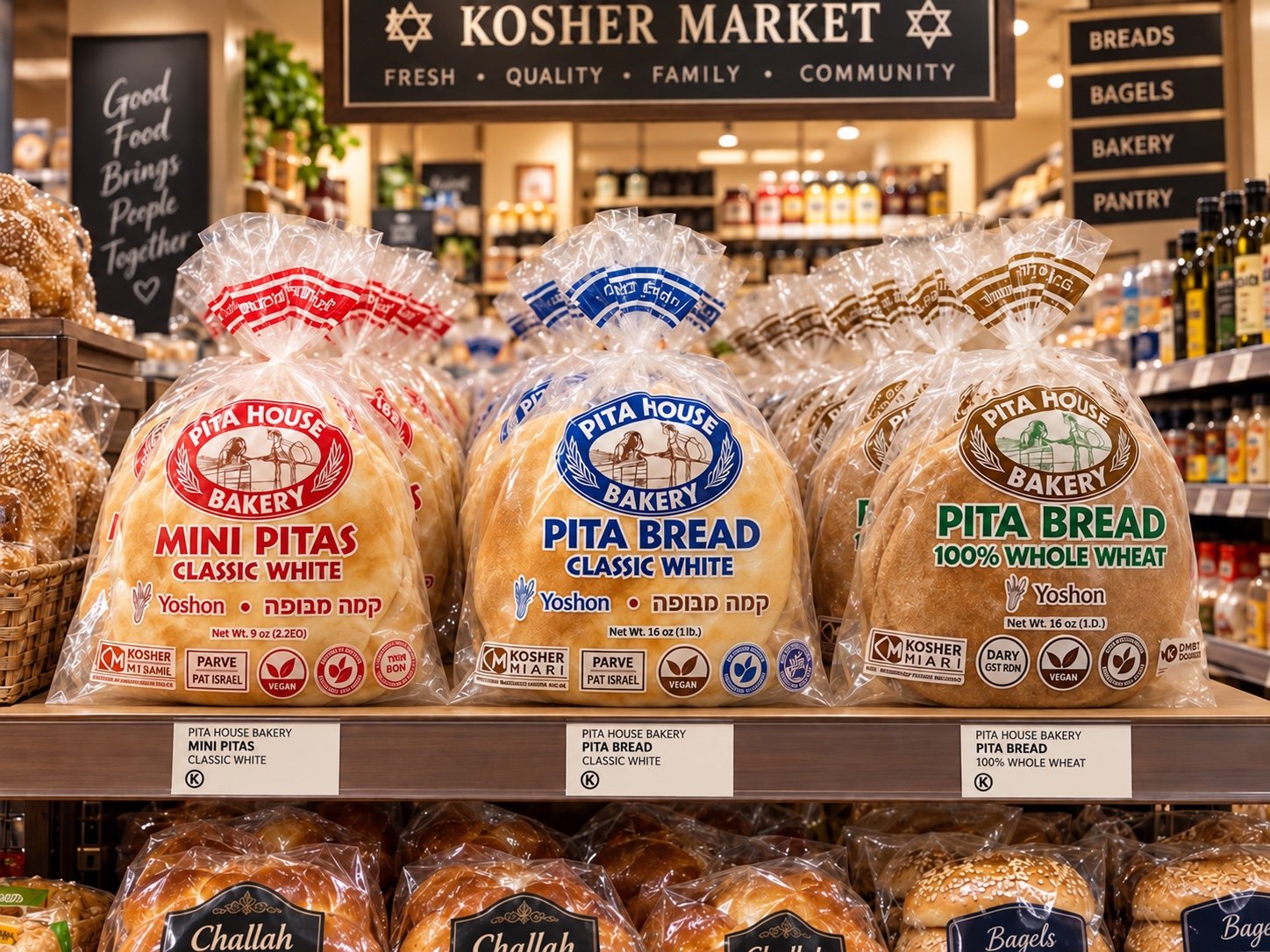 Illustrative display of Pita House Bakery breads on a kosher grocery shelf
