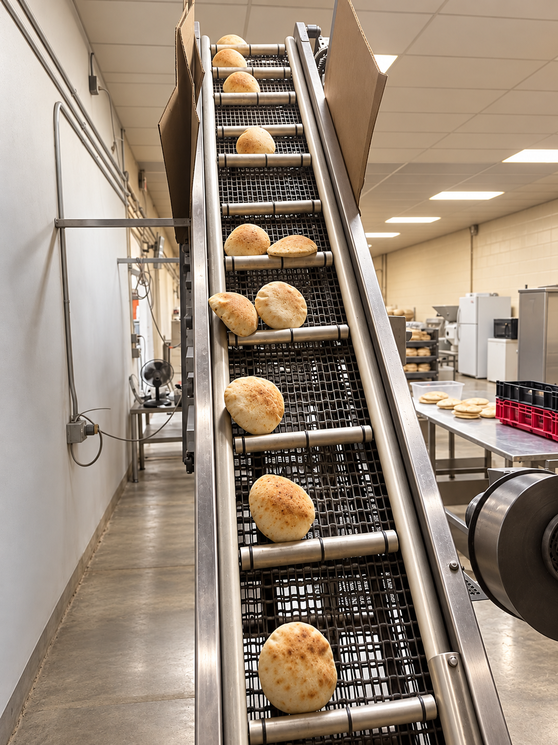 Pita breads traveling up the bakery conveyor