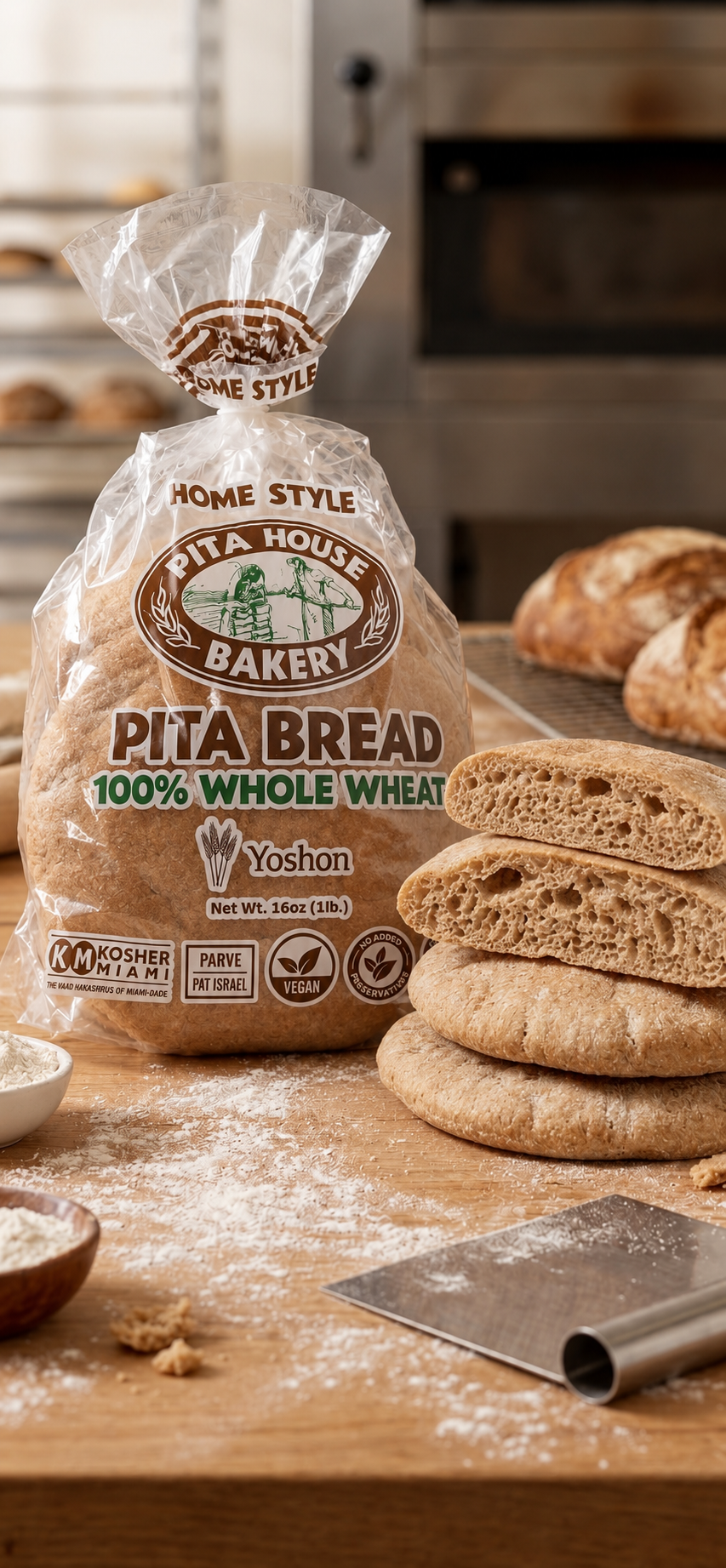Styled photo of Pita House Bakery Whole Wheat Pita bag and sliced bread