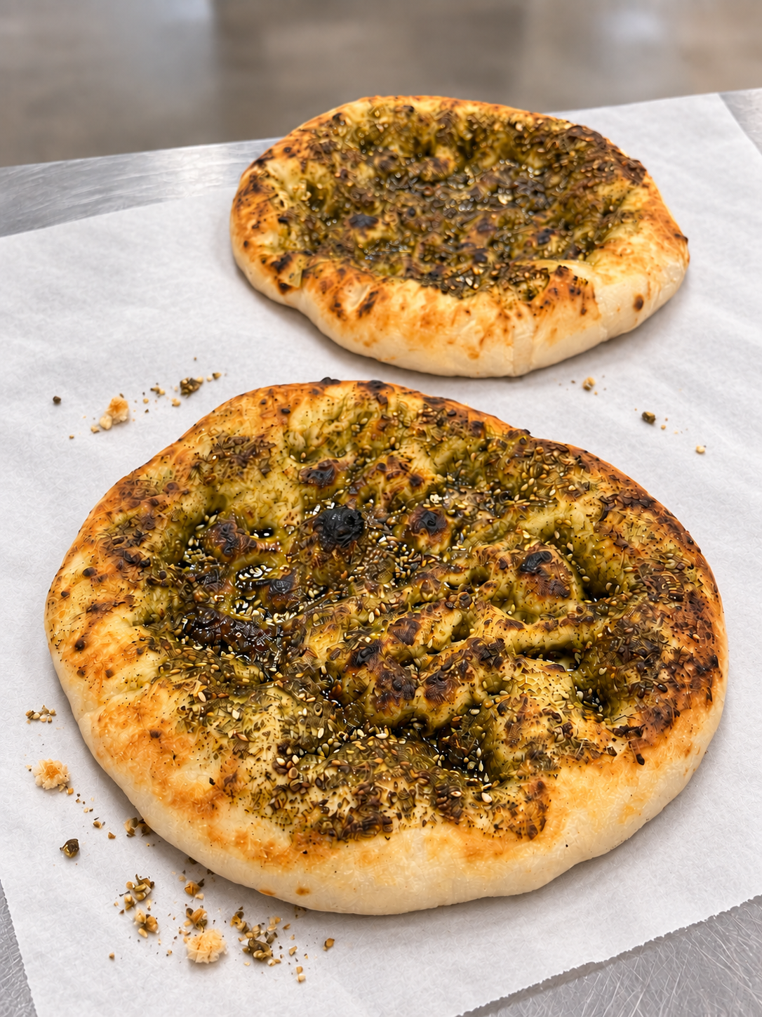 Pita House Za’atar breads on a white baker’s sheet